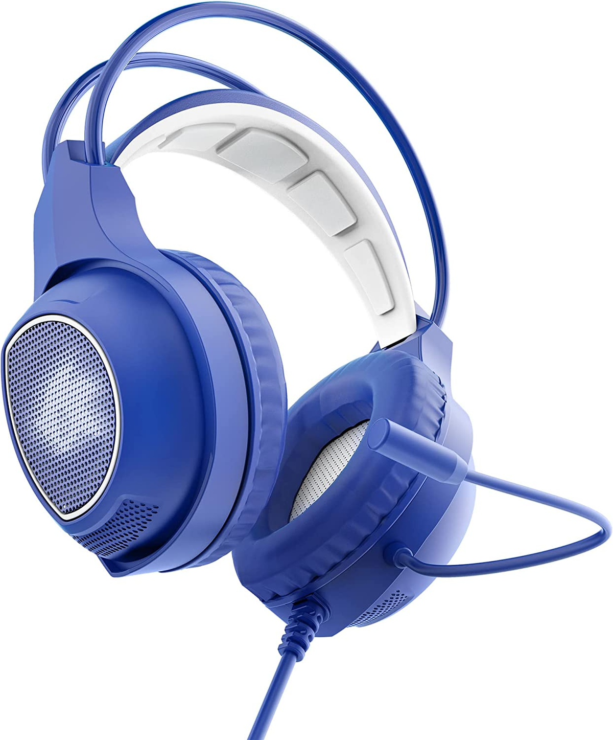 Niebieskie słuchawki dla graczy z mikrofonem, białe akcenty. Białe tło, widok z przodu.