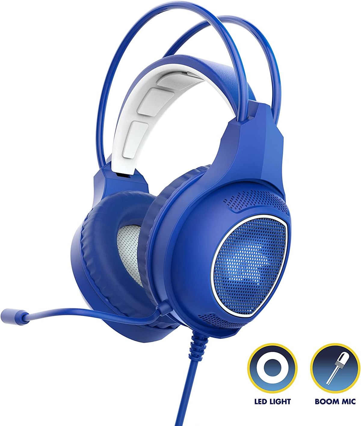 Niebieski zestaw słuchawkowy do gier. Nauszniki, pałąk i mikrofon są niebieskie. Białe tło.