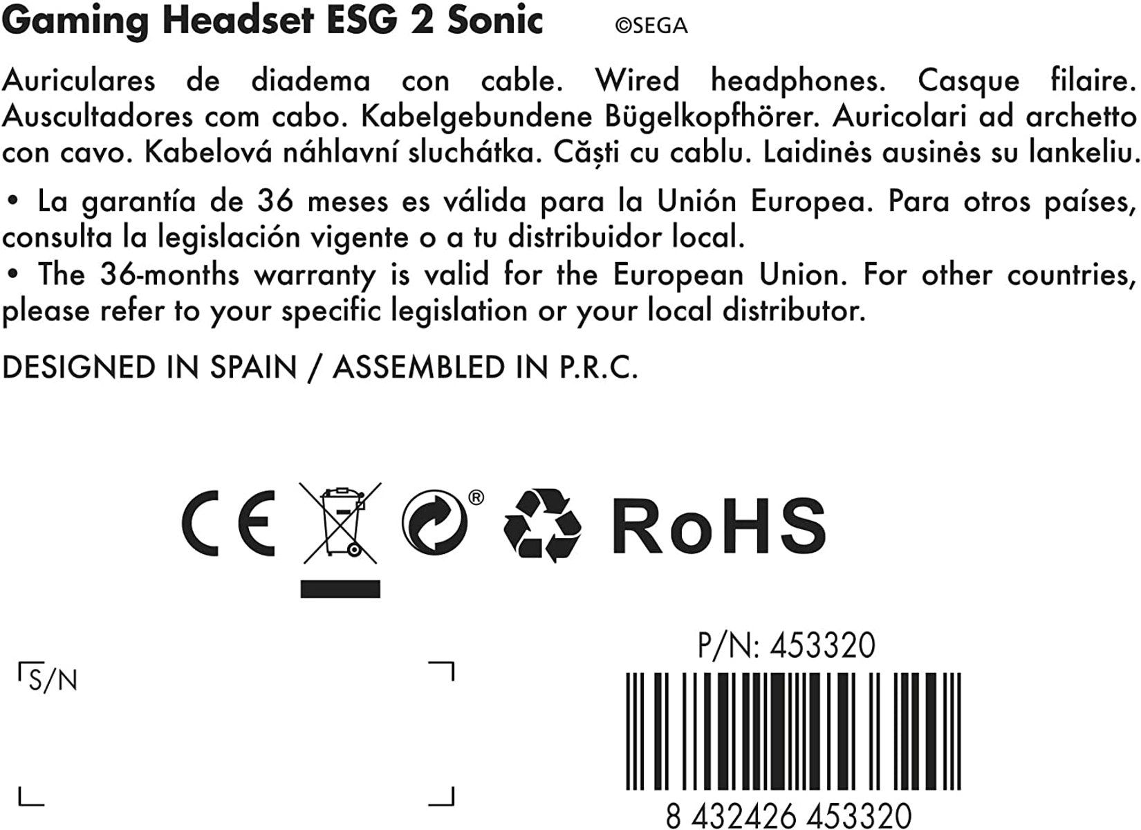 Białe tło z informacjami o produkcie, logo i tekstem w wielu językach dla zestawu słuchawkowego do gier.