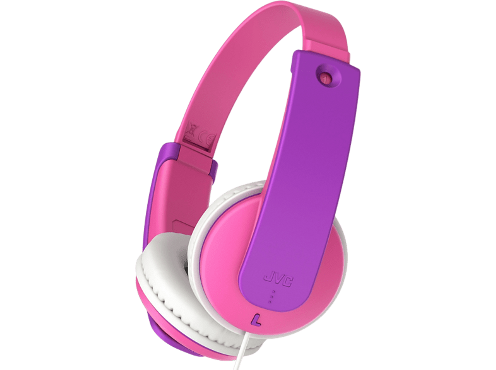 Różowe i fioletowe słuchawki z białymi nausznikami, na czarnym tle.