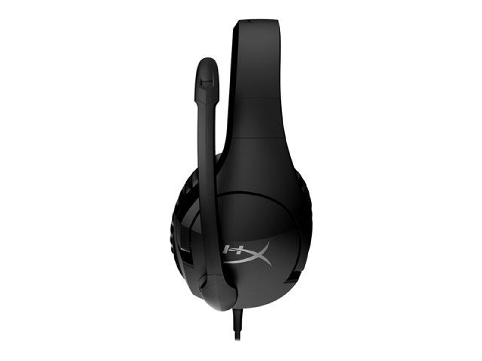 Czarny zestaw słuchawkowy z mikrofonem. Widoczna jest marka HyperX.