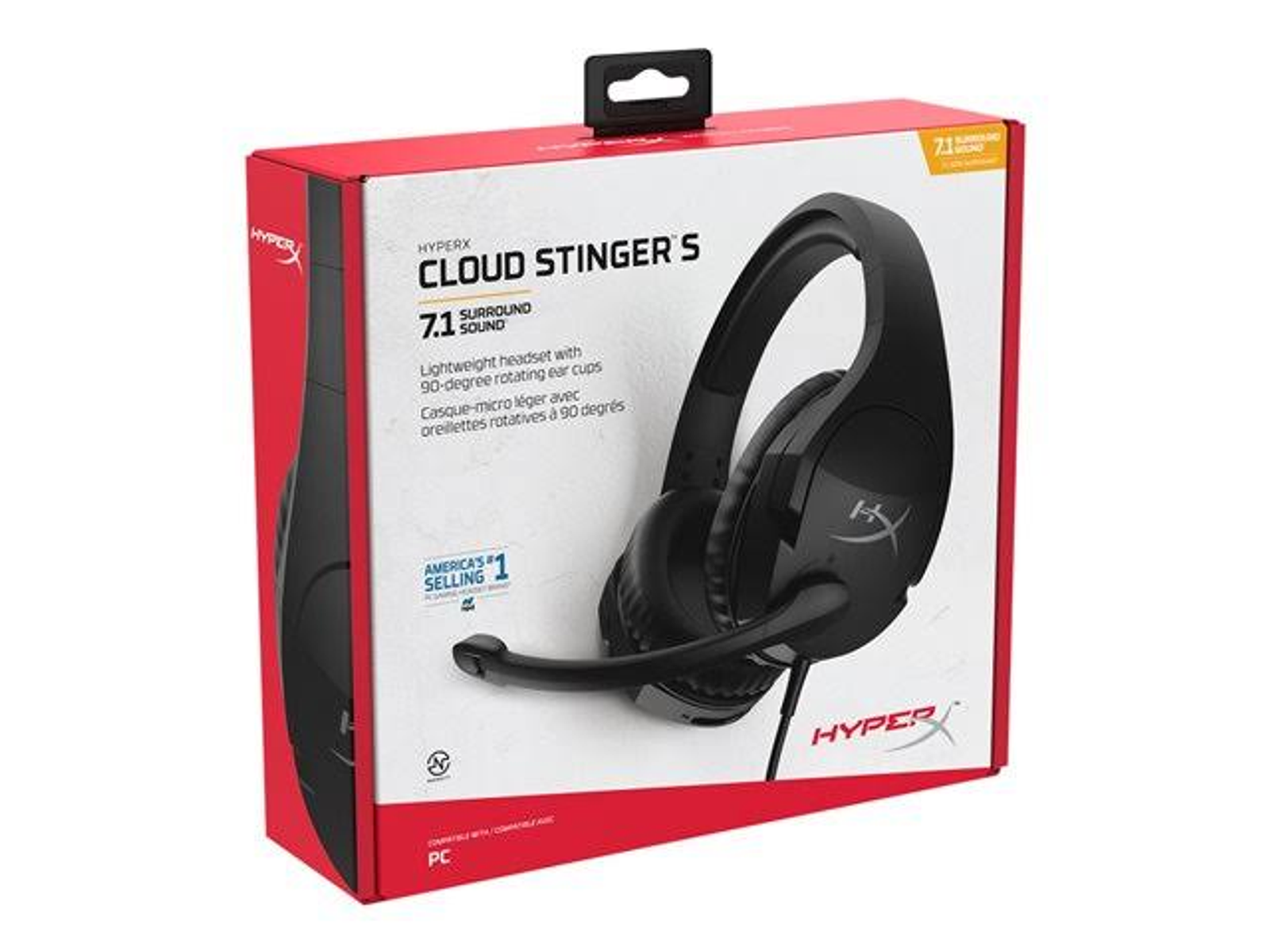 Czarne i czerwone pudełko z zestawem słuchawkowym, ze zdjęciem zestawu i informacjami o produkcie.