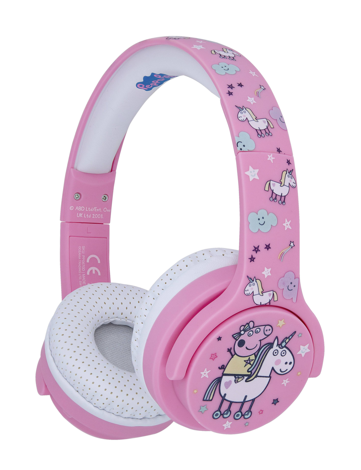 Auriculares rosas con diseño de Peppa Pig y unicornio, con almohadillas y diadema blancas.