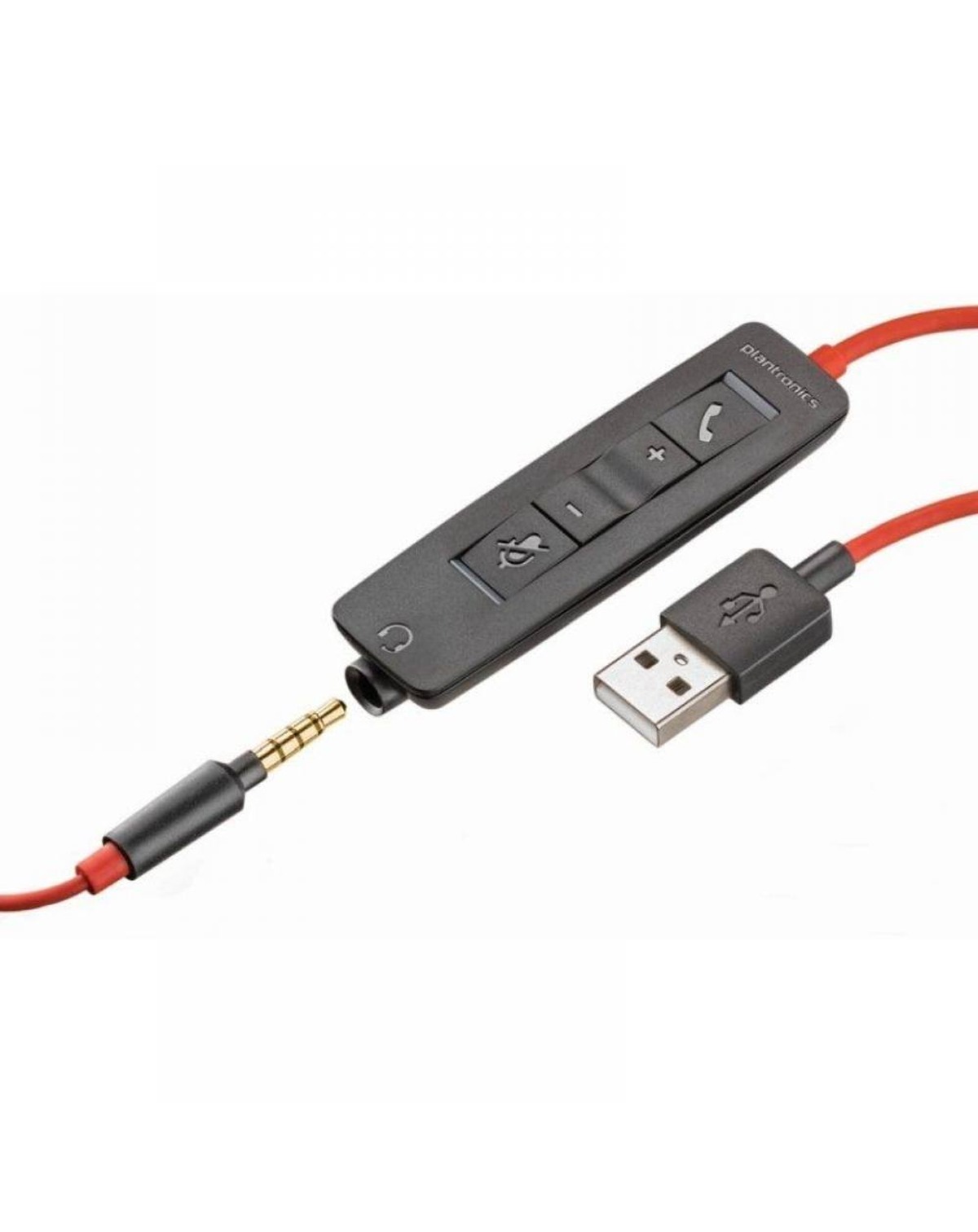 Czerwony kabel do zestawu słuchawkowego z czarnym modułem sterującym i złączem USB na białym tle.