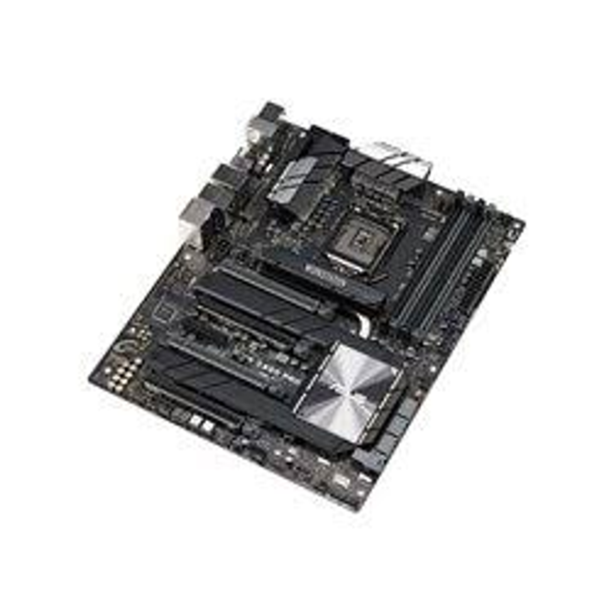 Computer-Motherboard. Schwarze Farbe mit silbernen und grauen Komponenten. Verschiedene Anschlüsse und Steckplätze.