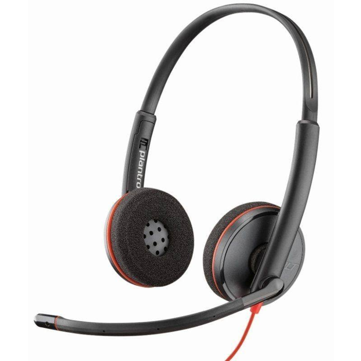 Schwarzes Headset mit roten Akzenten und Mikrofon. Das Headset hat ein gebogenes Design.