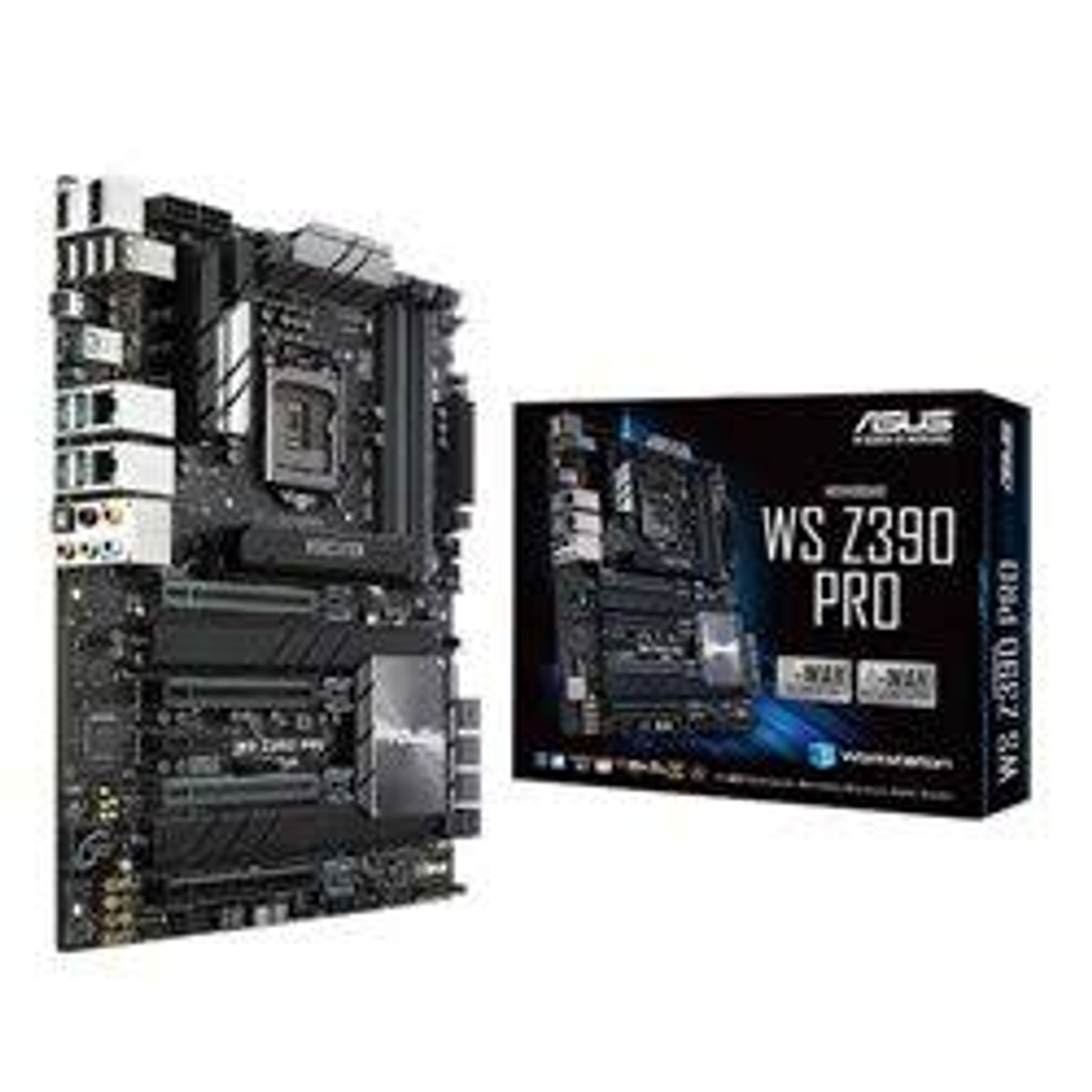 Mainboard und Box, schwarz und weiß, mit Komponenten und einer Box. Weißer Hintergrund.
