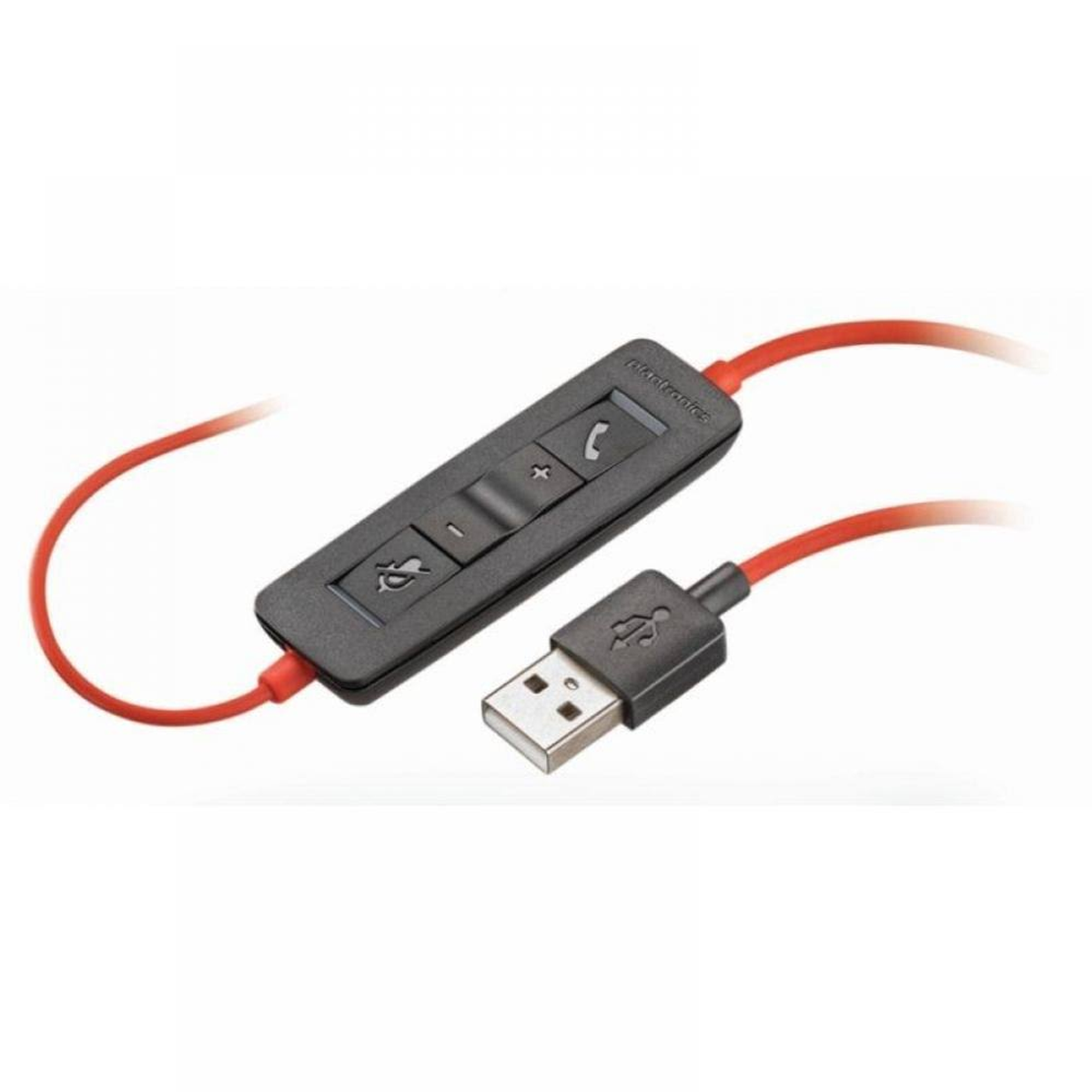 Schwarze und rote USB-Headset-Steuerung. Schwarze Tasten auf rotem Kabel.