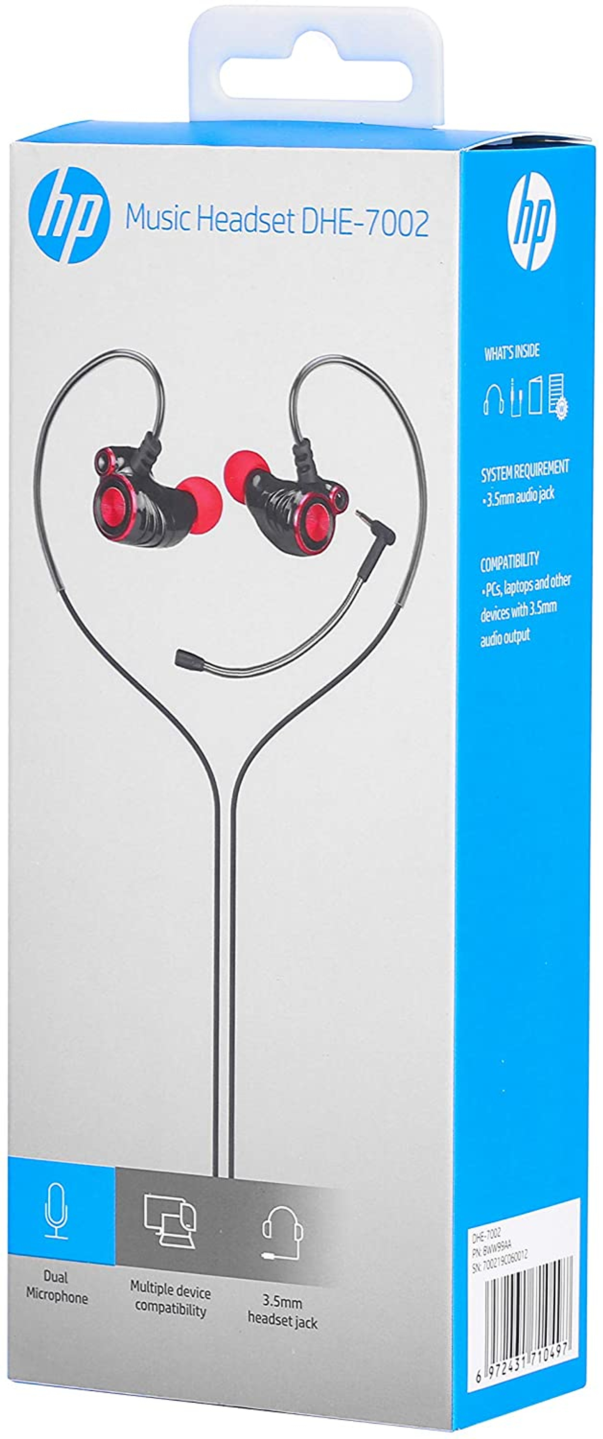 Scatola per cuffie musicali HP con cuffie. Include doppio microfono e jack da 3,5 mm.