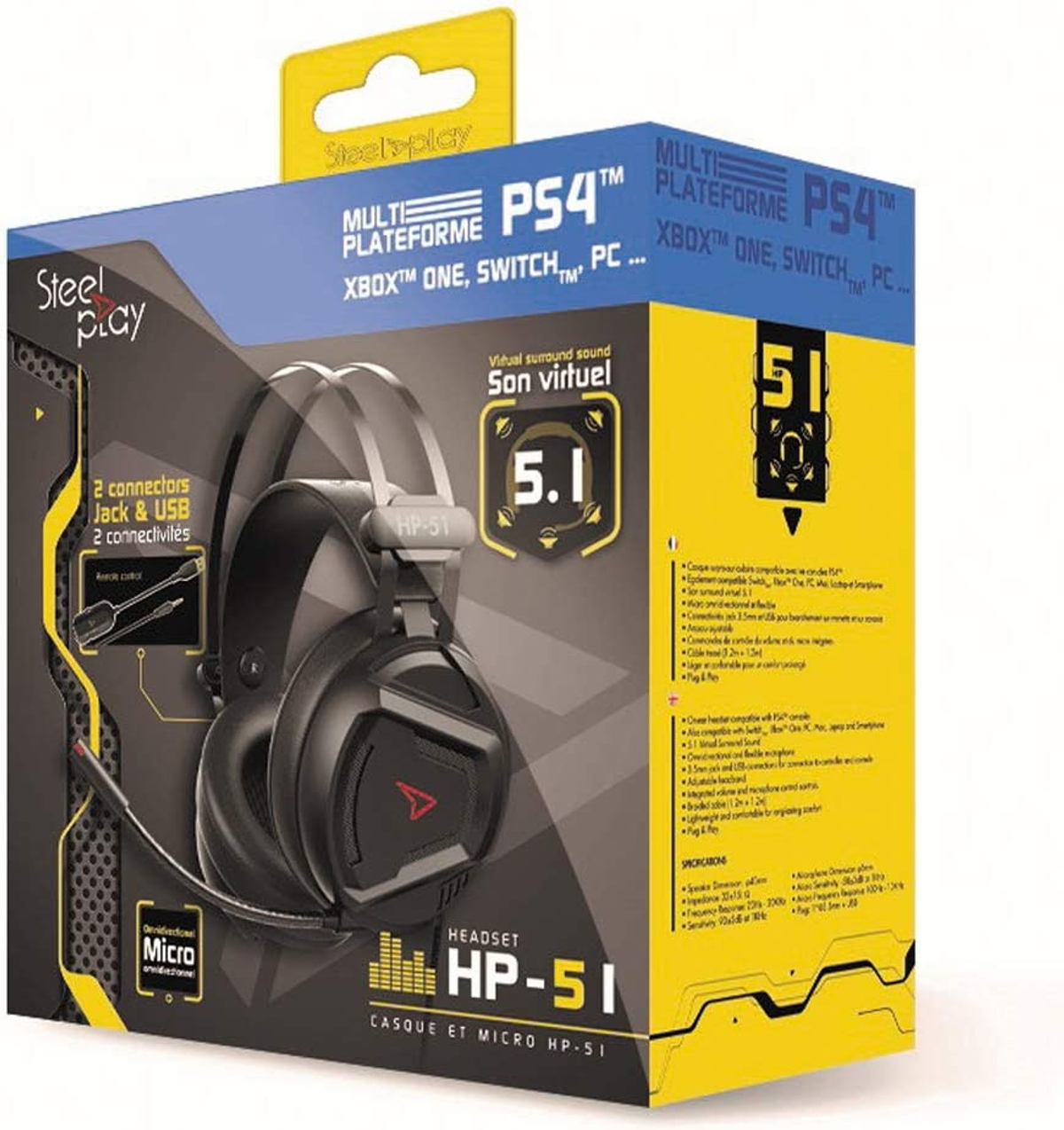 Headset box with headphones, microphone, and text.
