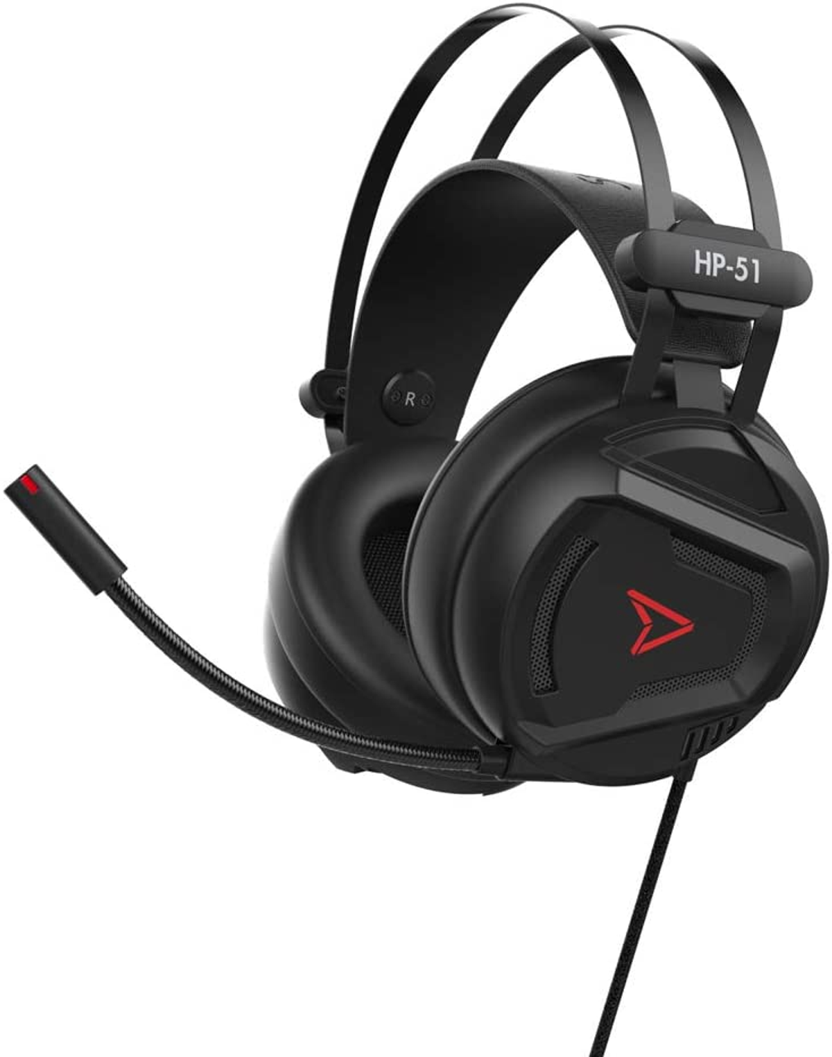 Black gaming headset with a microphone and a cord, red accent on the ear cup.