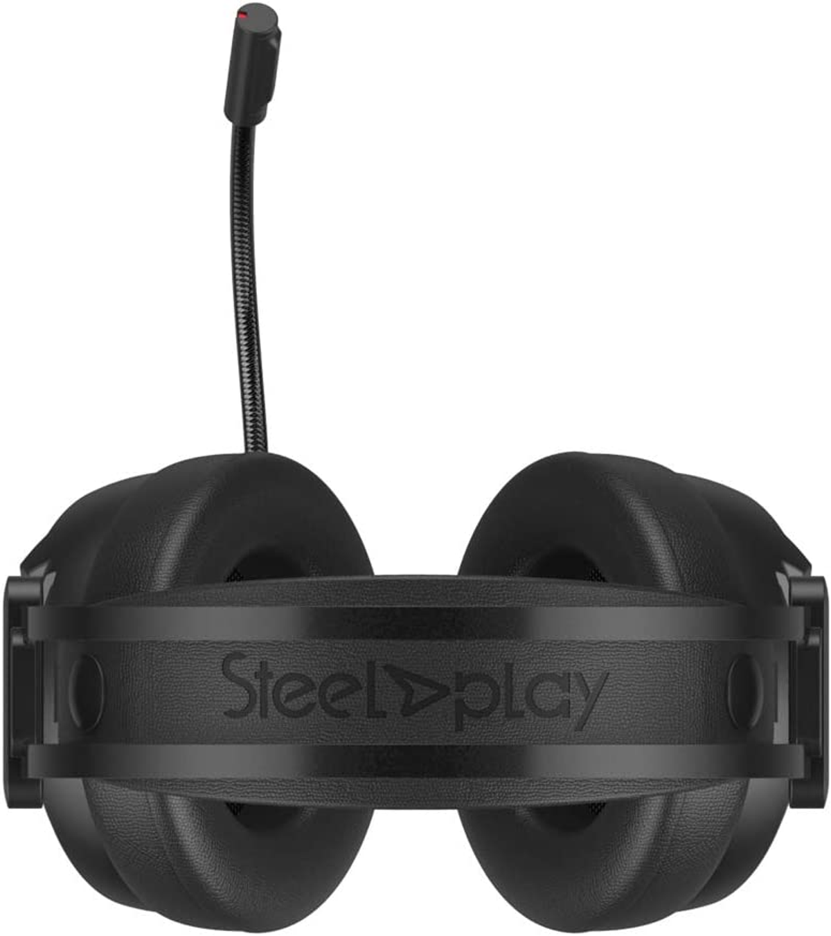Black Steelplay headset with a microphone, front view.
