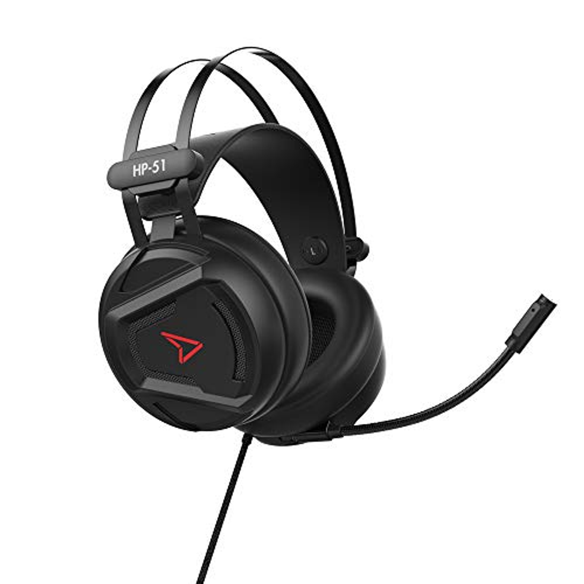 Black headset with a microphone, red logo. White background.