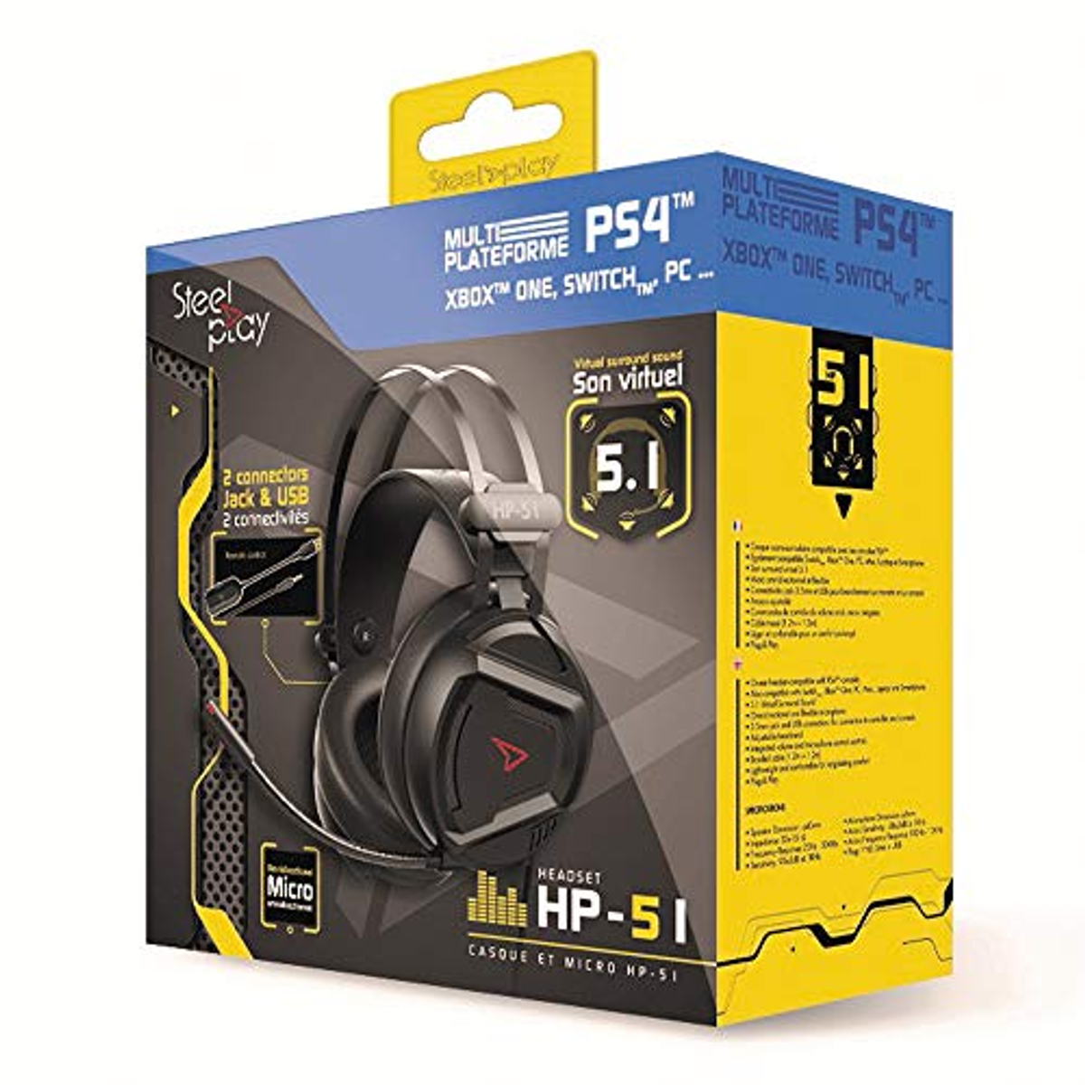 Headset box with a headset image and platform compatibility details.