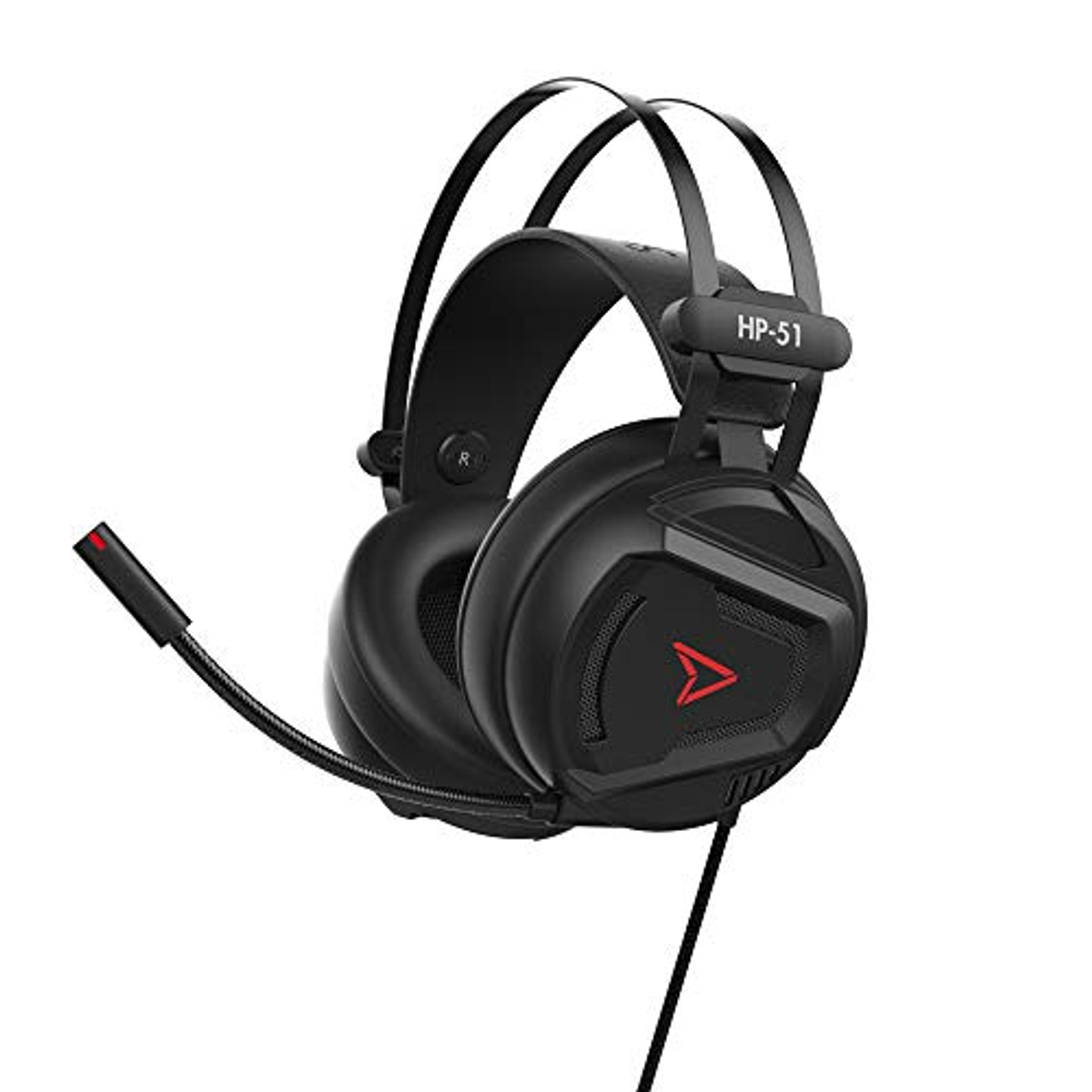 Black gaming headset with a red logo and microphone, on a white background.