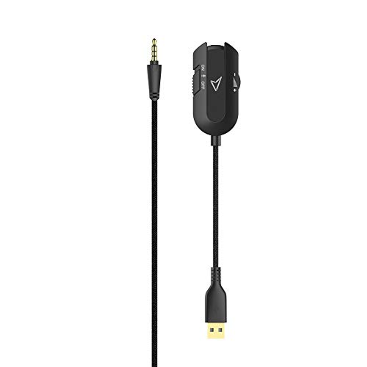 Black audio adapter cable with a USB and a 3.5mm jack. The cable is against a white background.