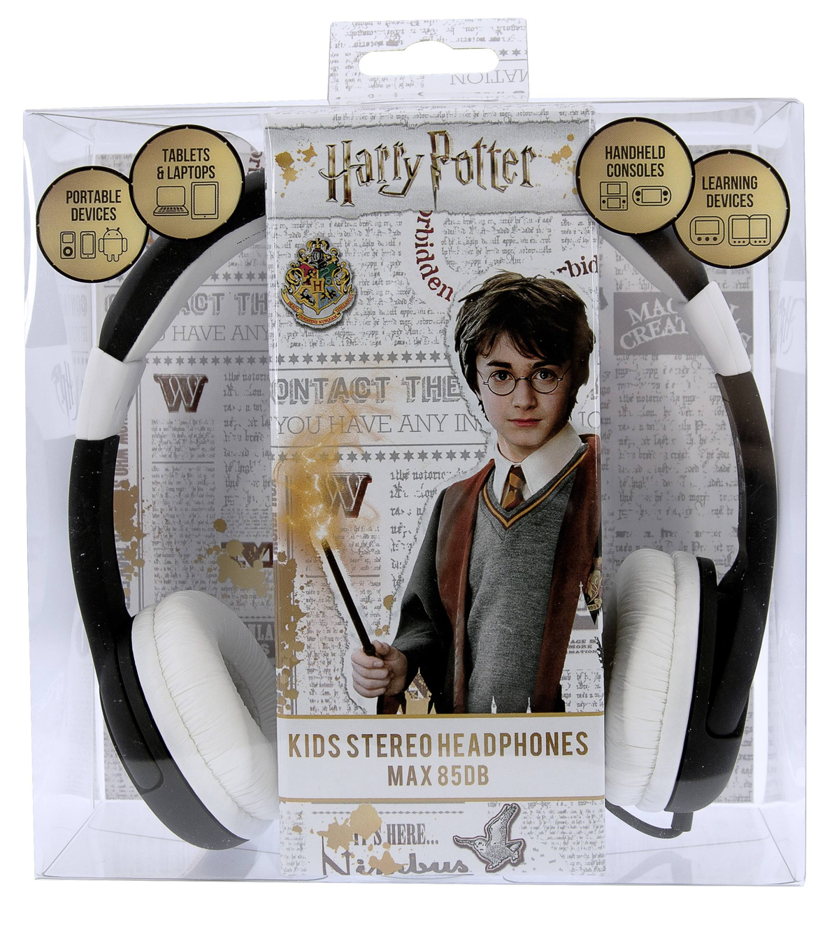 Harry-Potter-Kopfhörer in klarer Verpackung, mit Harry-Bild, weiß und schwarz.