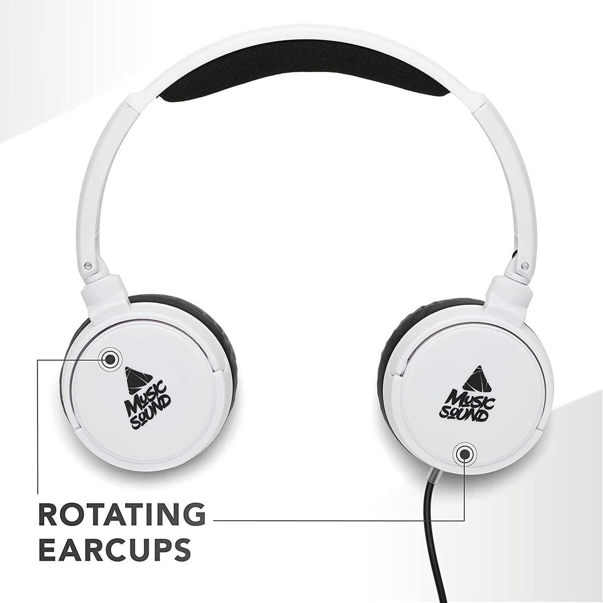 Białe słuchawki z czarnymi akcentami i napisem 'Music Sound' na nausznikach.