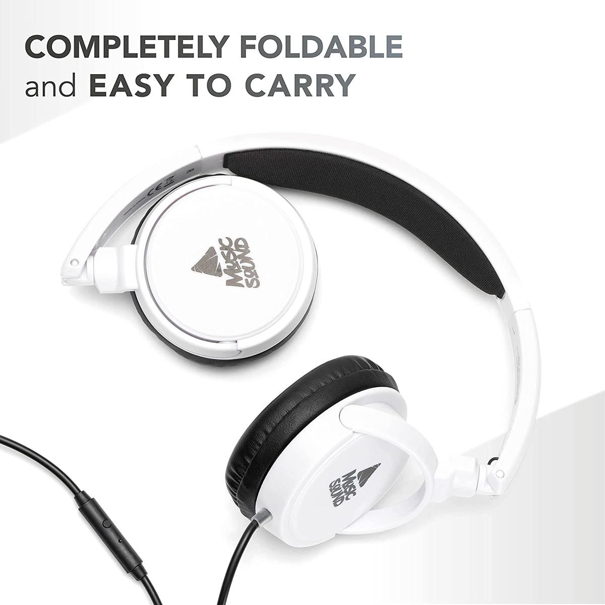 Białe składane słuchawki z czarnymi nausznikami i czarnym kablem.