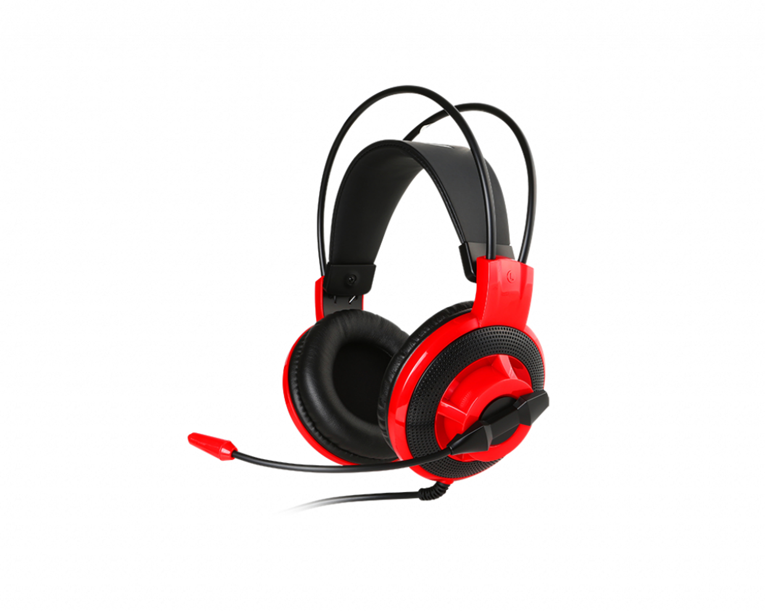 Auriculares para juegos rojos y negros con micrófono sobre fondo blanco.