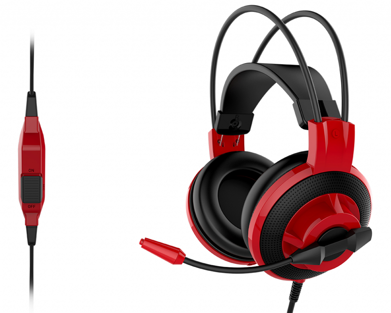 Auriculares gaming rojos con micrófono. Almohadillas y diadema negras. Fondo blanco.