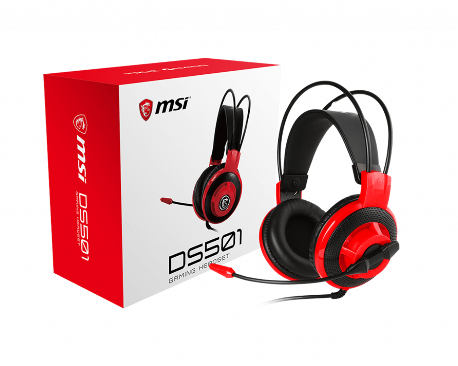 Auriculares gaming y caja. Auriculares rojos y negros, caja blanca con detalles rojos. Fondo blanco.