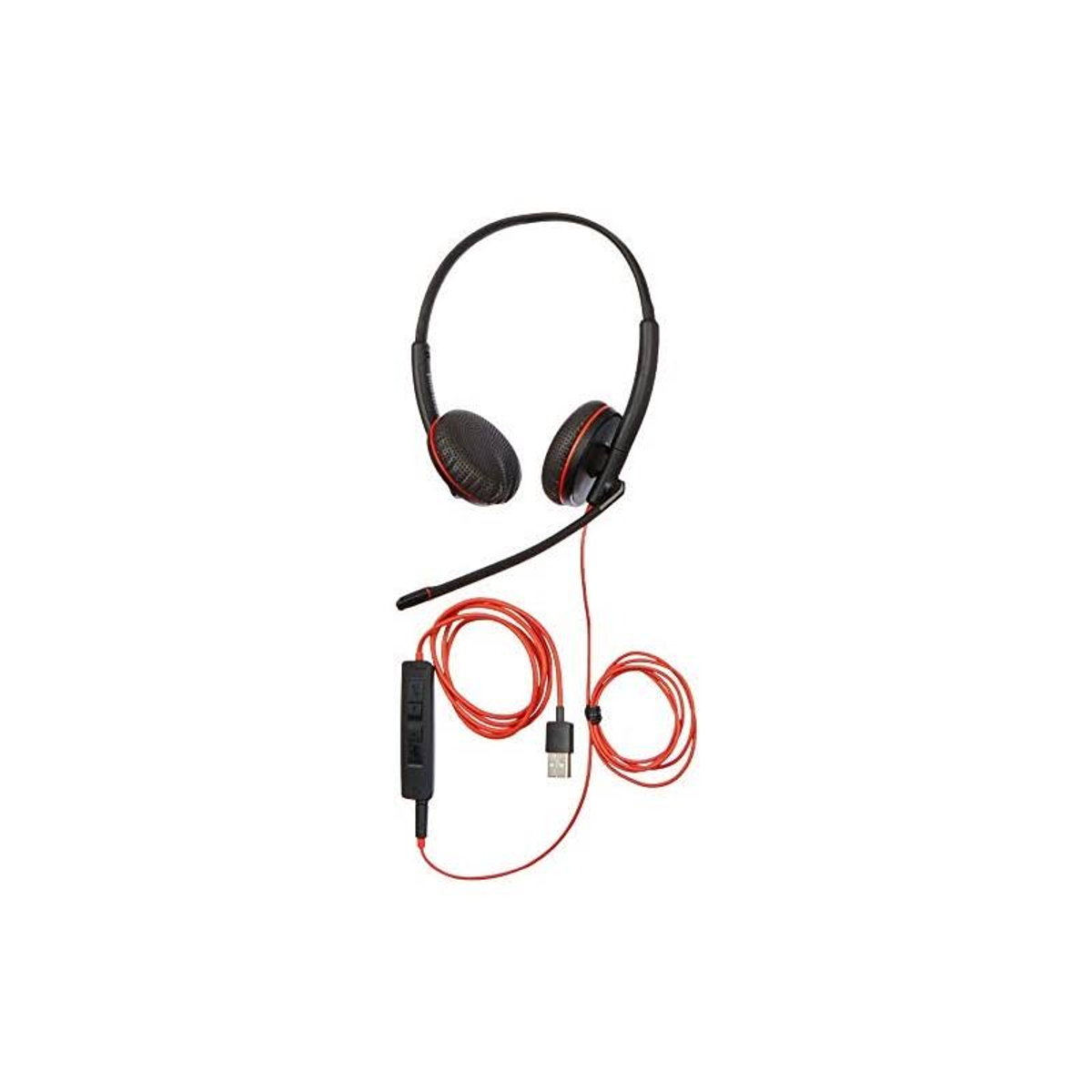 Casque noir avec détails rouges. Microphone et câble. Fond blanc.