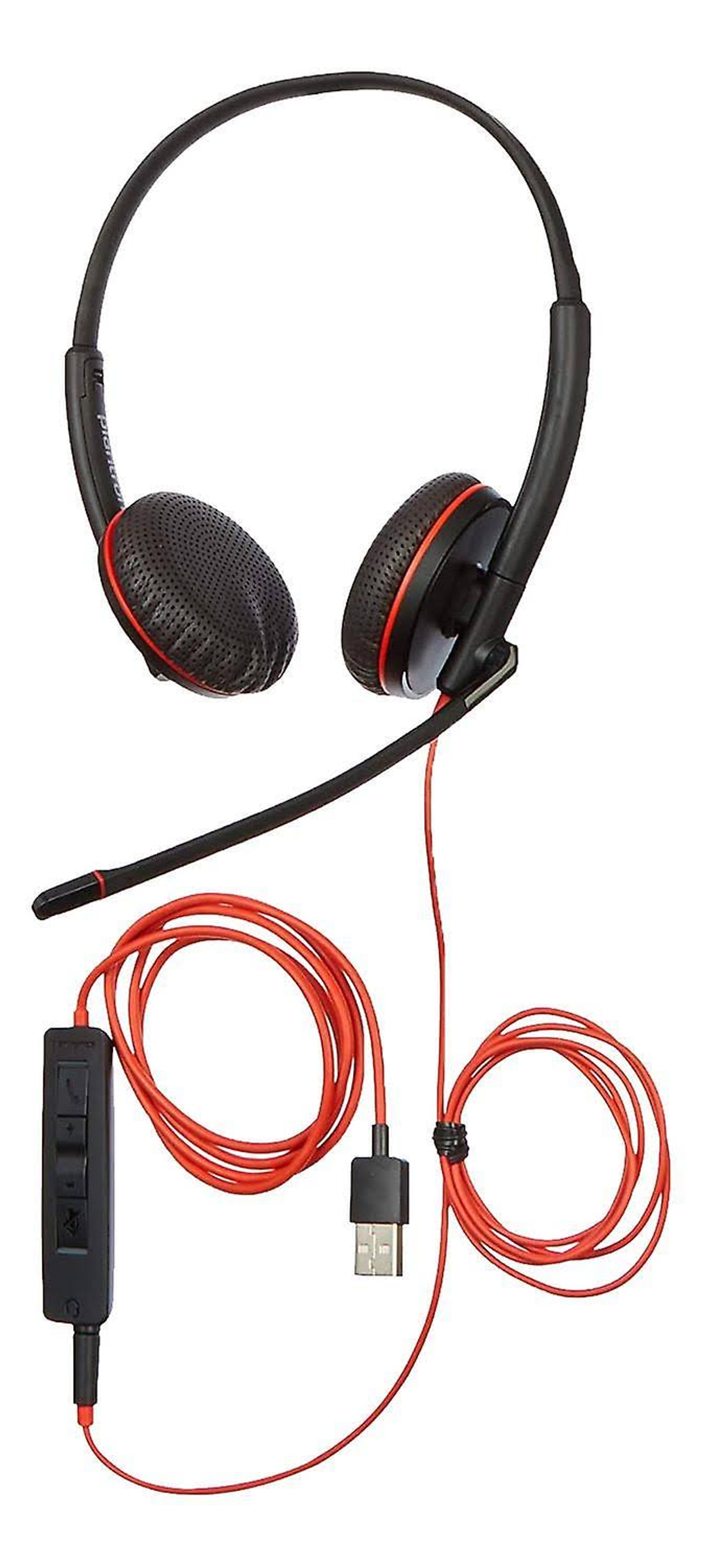 Casque noir avec un câble rouge et un connecteur USB.
