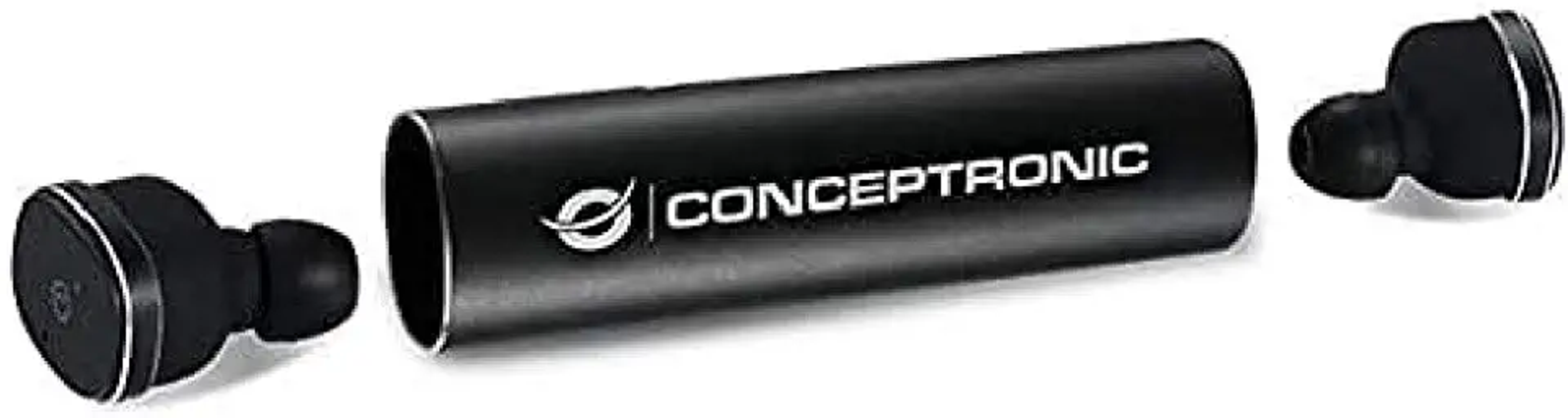 Custodia di ricarica nera con due auricolari, logo Conceptronic.
