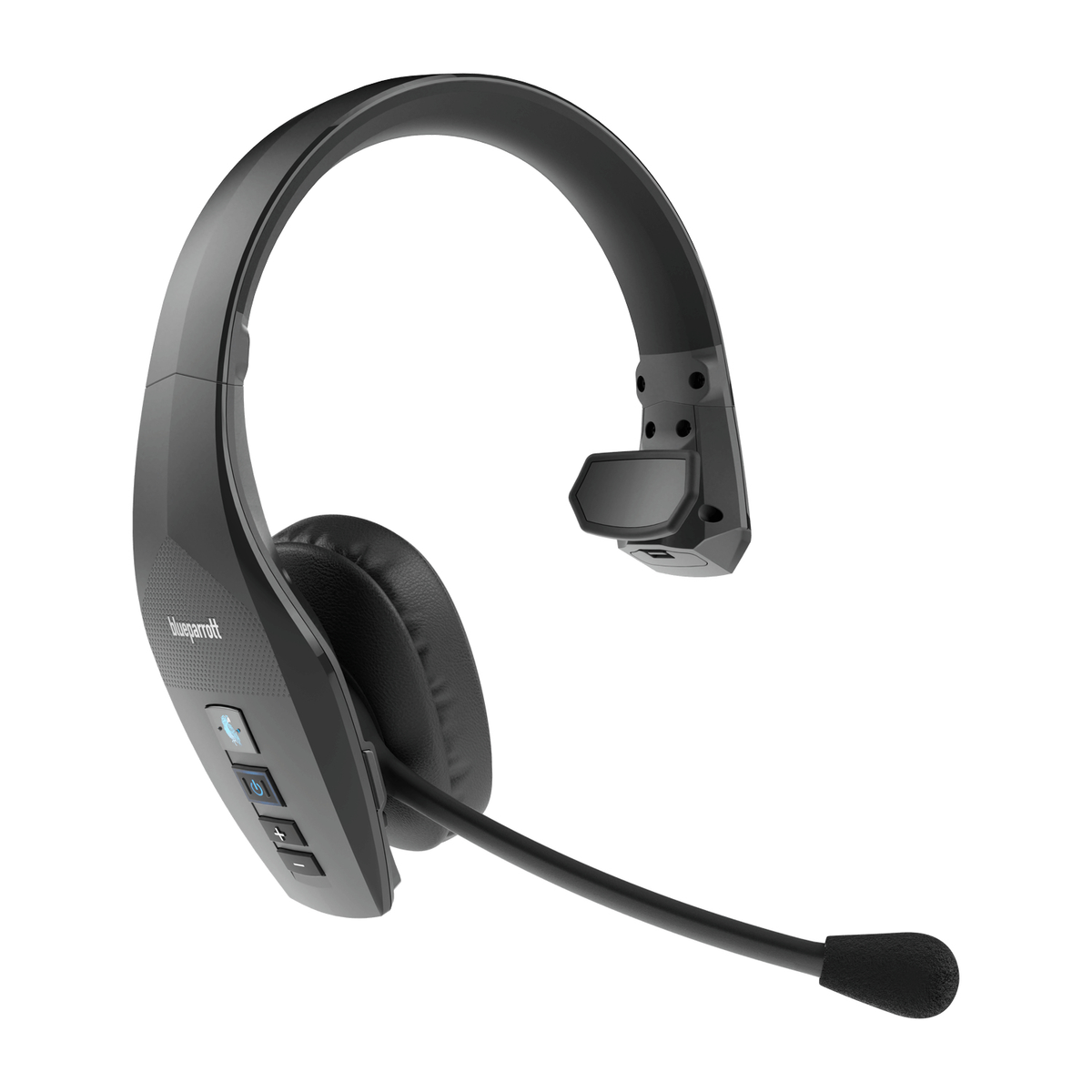 Cuffie nere con microfono. Ha pulsanti di controllo e un design elegante.