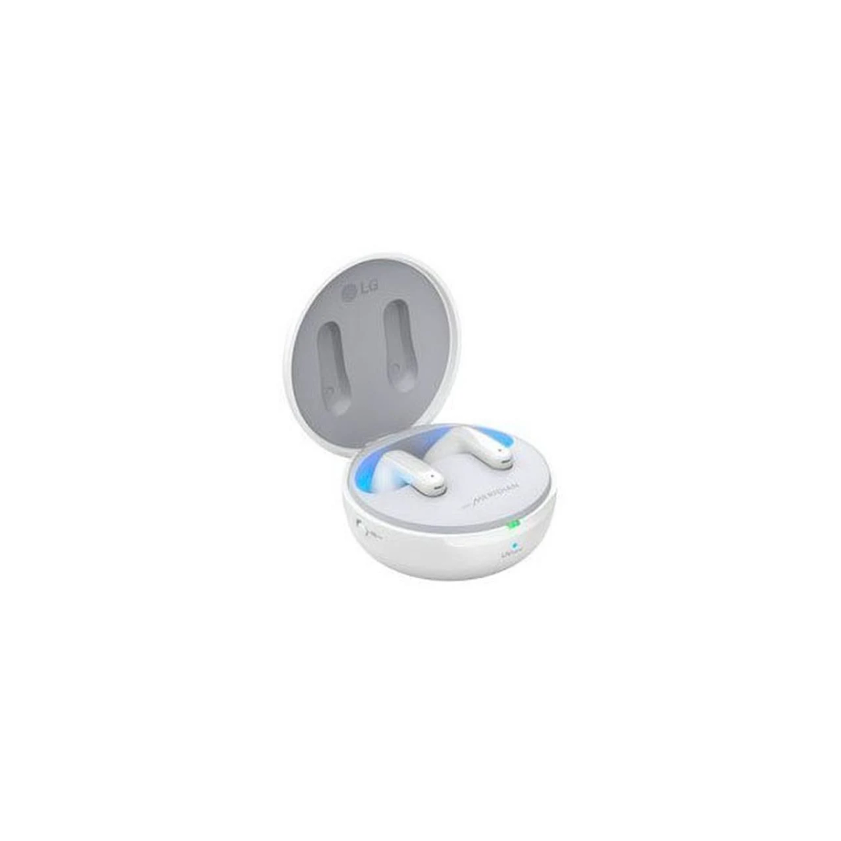 Weiße kabellose Ohrhörer in einem weißen Gehäuse, mit LG-Logo und blauem Licht.