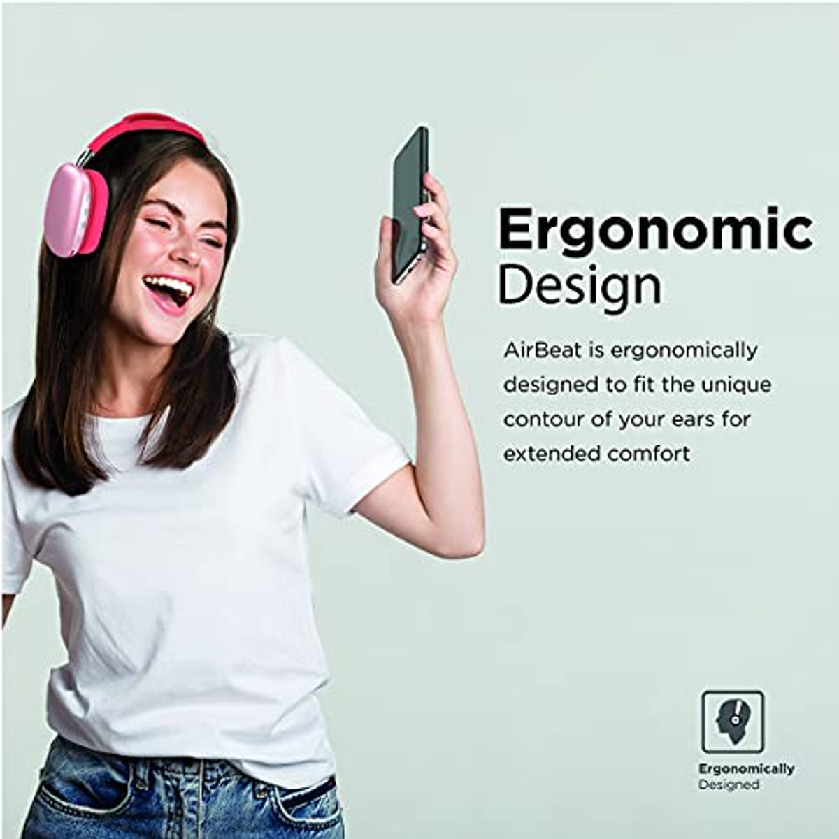 Mujer sosteniendo un teléfono, usando auriculares rosas. Texto: Diseño ergonómico.