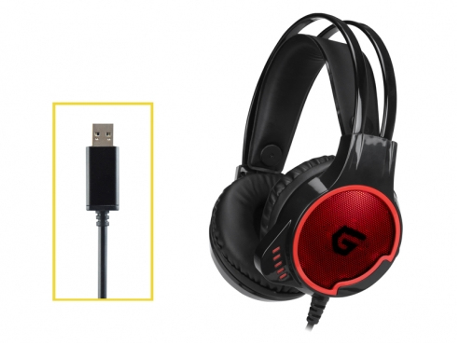Cuffie da gioco nere e rosse con cavo USB. Sfondo bianco.