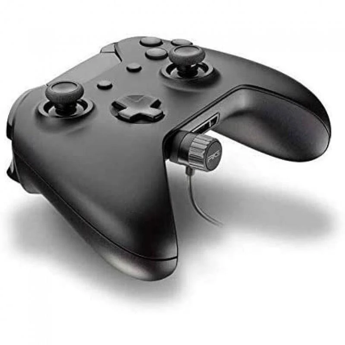 Czarny kontroler do gier z dwoma joystickami, przyciskami i portem bocznym.