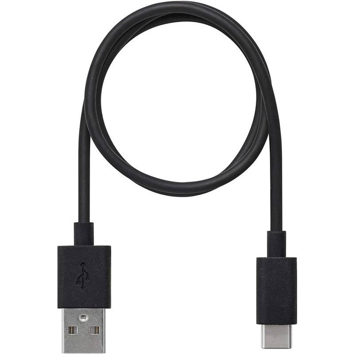 Schwarzes USB-Kabel. USB-A- und USB-C-Anschlüsse. Weißer Hintergrund.