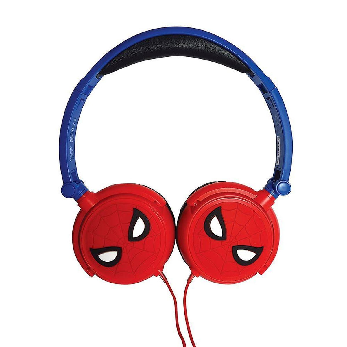Spiderman-Kopfhörer, rote Ohrmuscheln mit weißen Augen, blaues Kopfband, weißer Hintergrund.