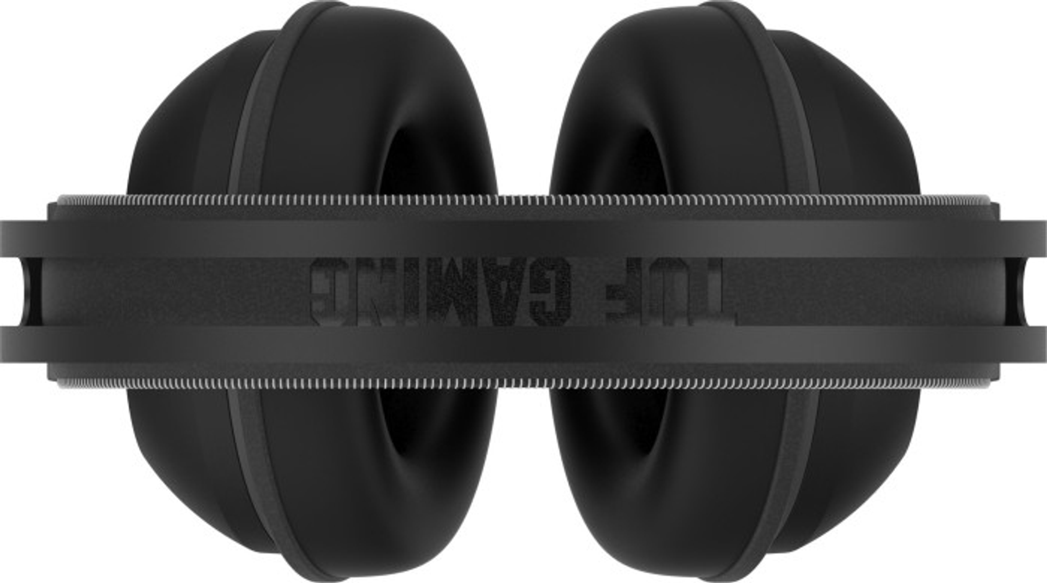 Czarne słuchawki z napisem TUF GAMING na pałąku. Widok z góry.