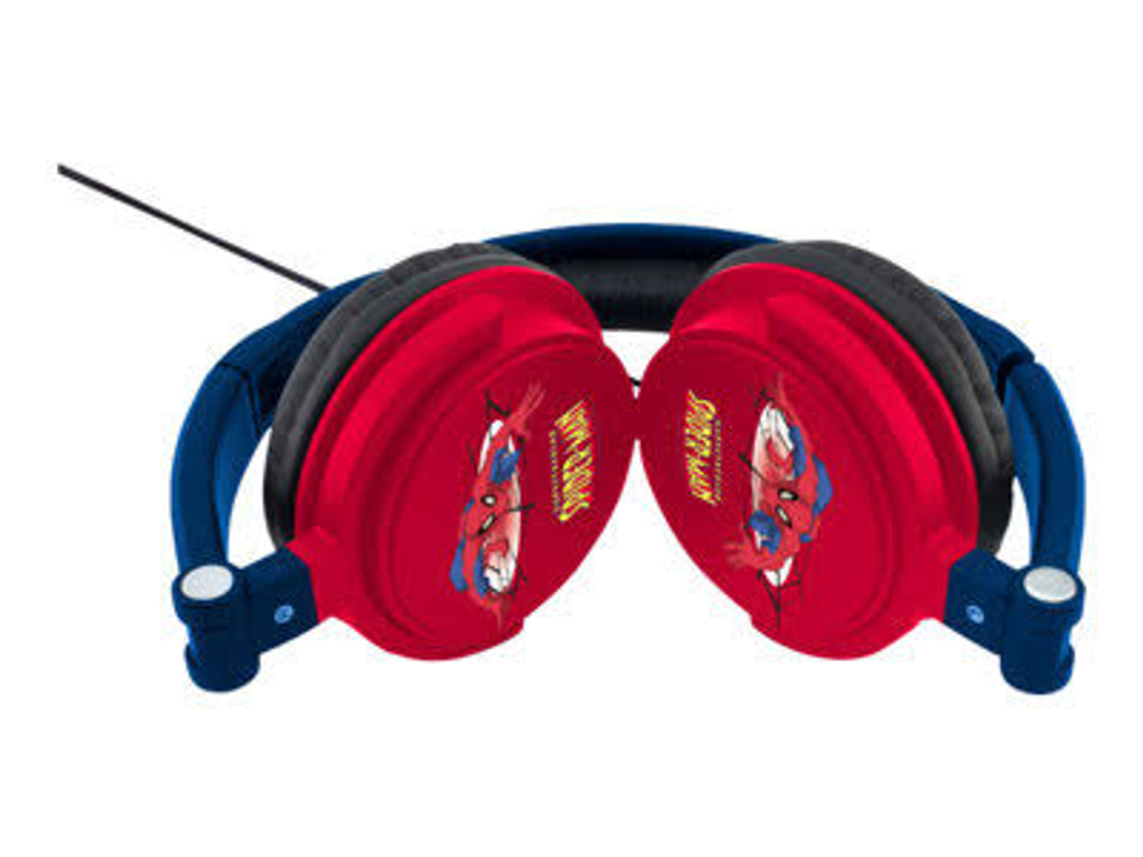 Rote und blaue Spider-Man-Kopfhörer. Die Kopfhörer sind vom Betrachter abgewandt.