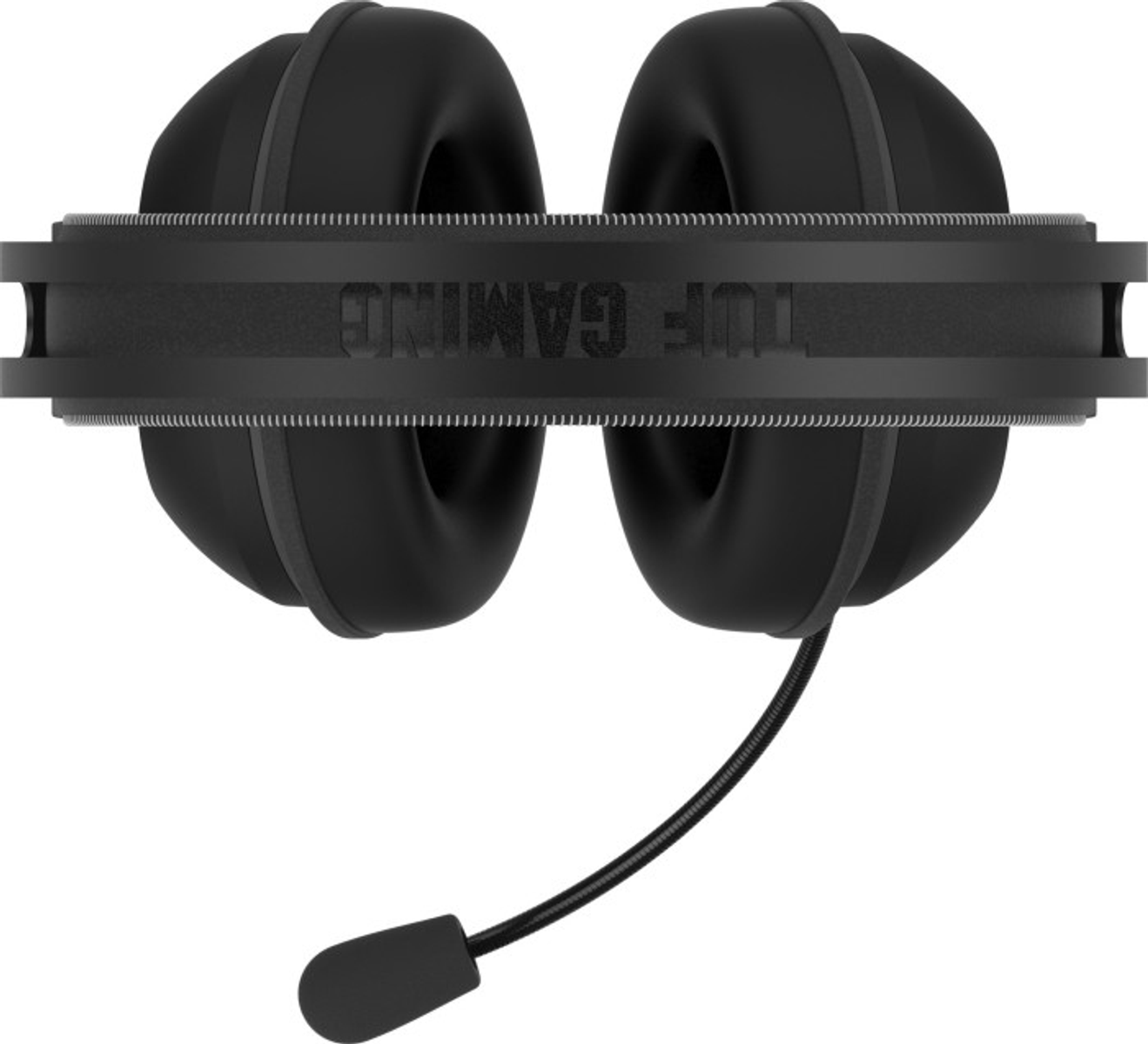 Czarne słuchawki dla graczy z mikrofonem, widok z góry. Widoczne logo TUF GAMING.