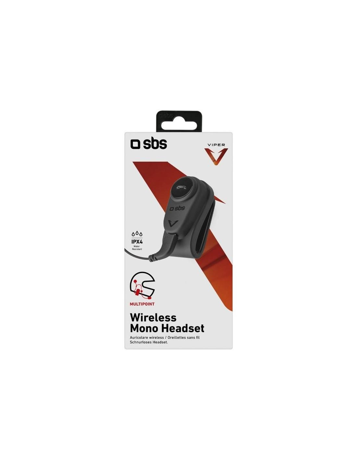 Kabelloses Mono-Headset in Verpackung, schwarz mit grauen Details.
