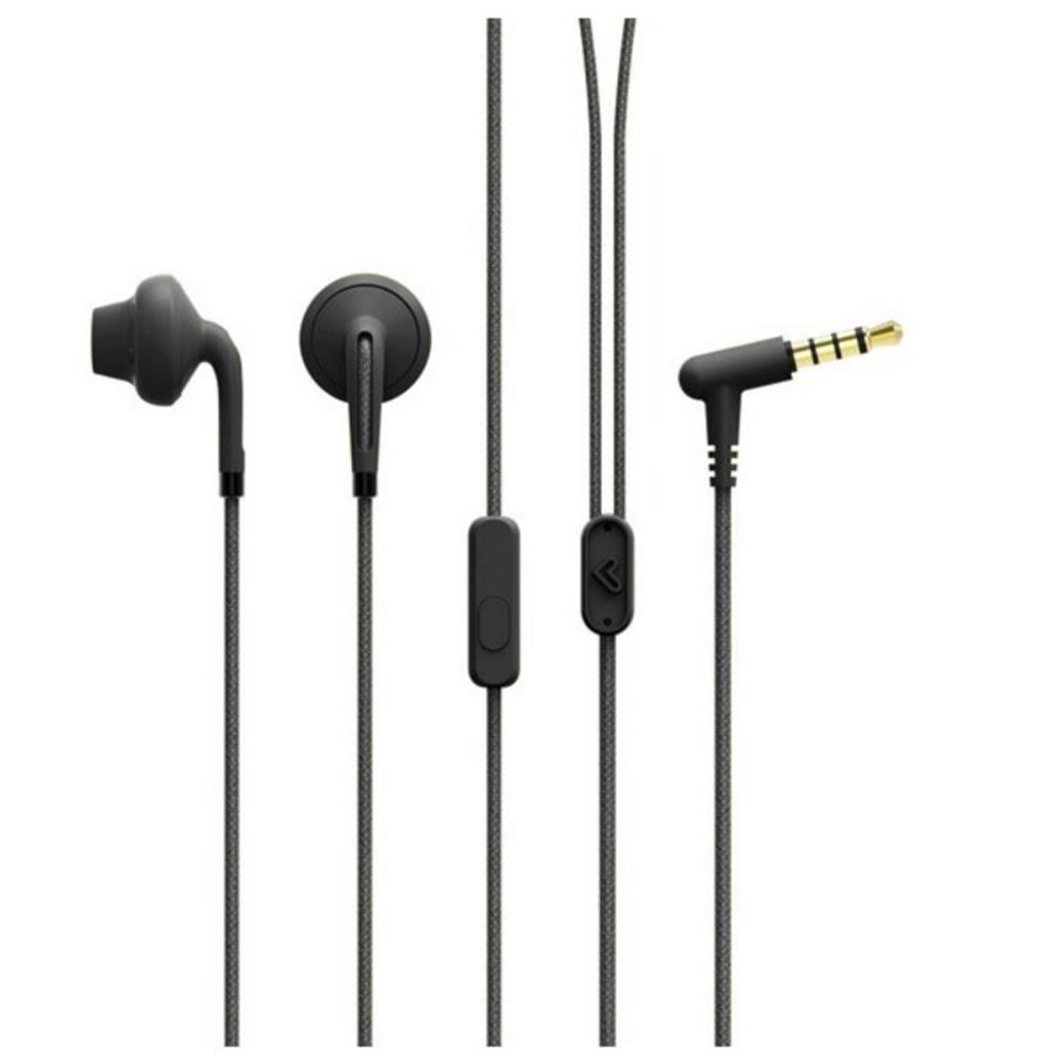 Czarne słuchawki z mikrofonem i złączem. Kabel i złącze są czarne.