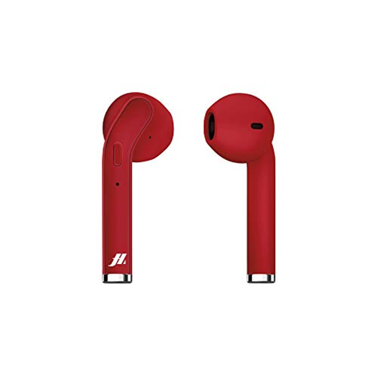 Czerwone słuchawki douszne. Słuchawki są na białym tle. Marka to J.