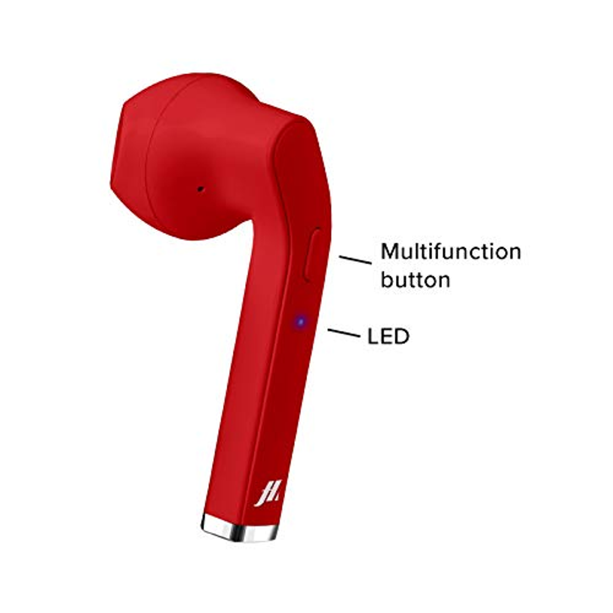 Czerwona bezprzewodowa słuchawka z przyciskiem wielofunkcyjnym i wskaźnikiem LED na białym.