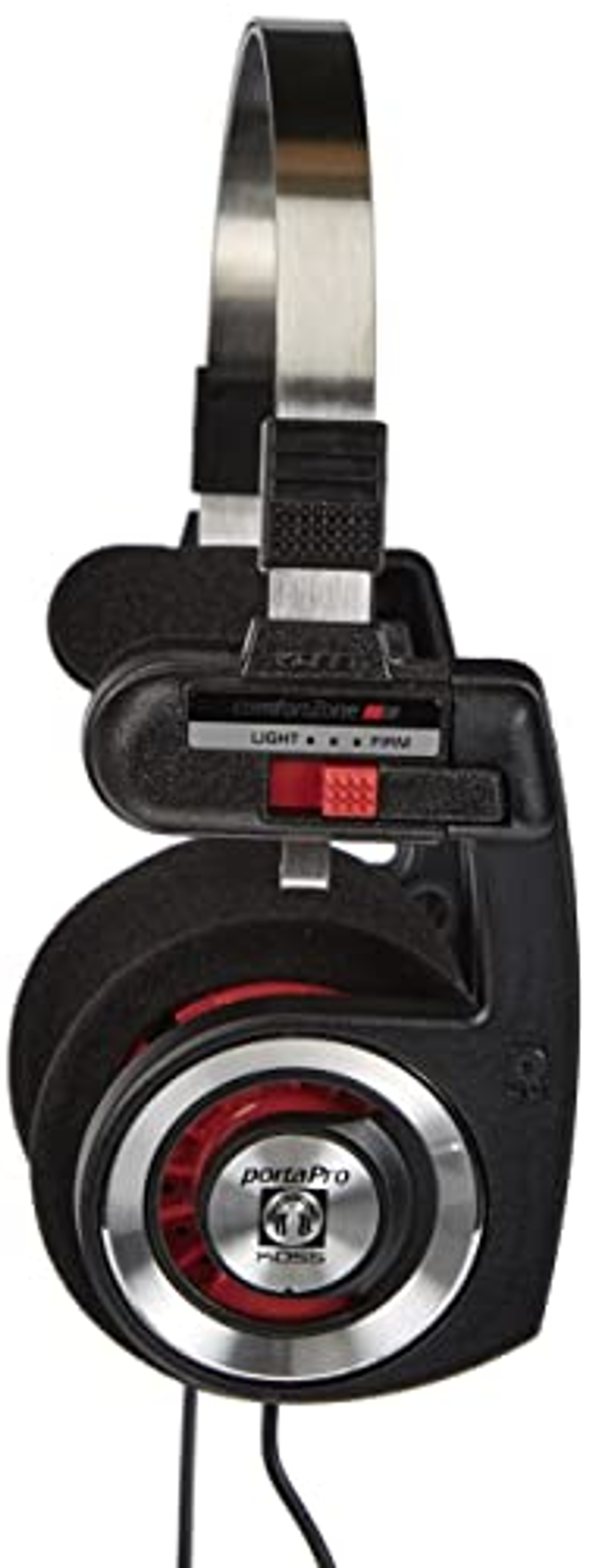 Czarne i czerwone słuchawki z napisem 'portaPro' i srebrną opaską.