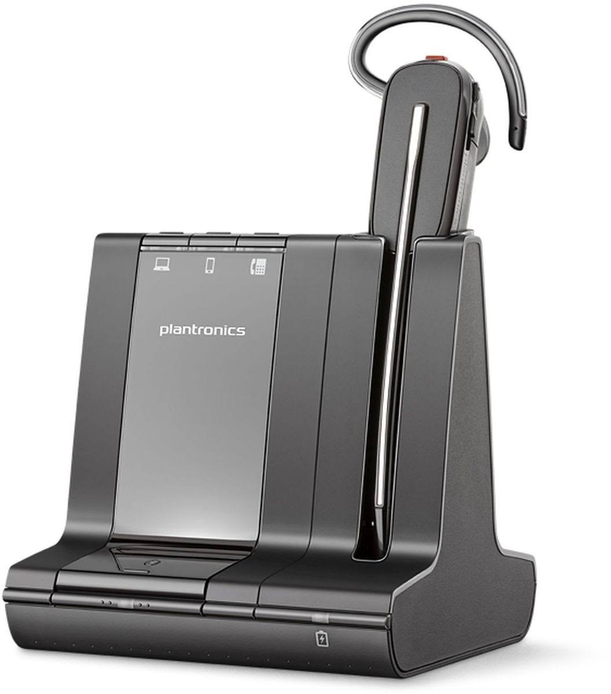 Base per cuffie nera con cuffia e stazione di ricarica, sfondo bianco. Logo Plantronics sulla base.