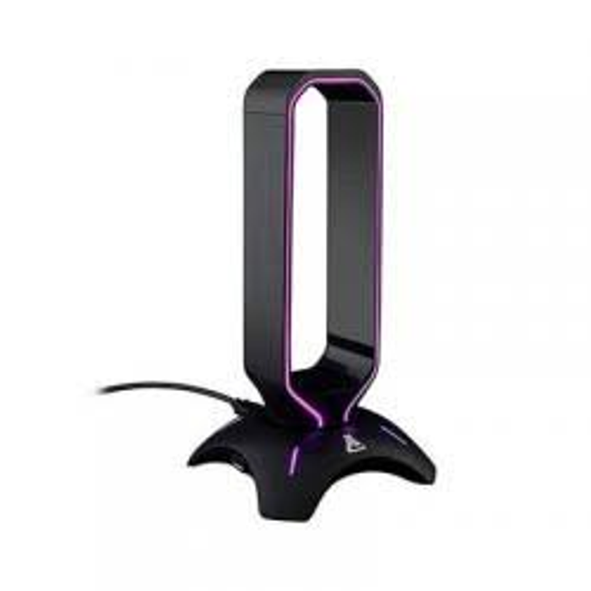 Antenna nera con dettagli viola e sfondo bianco.