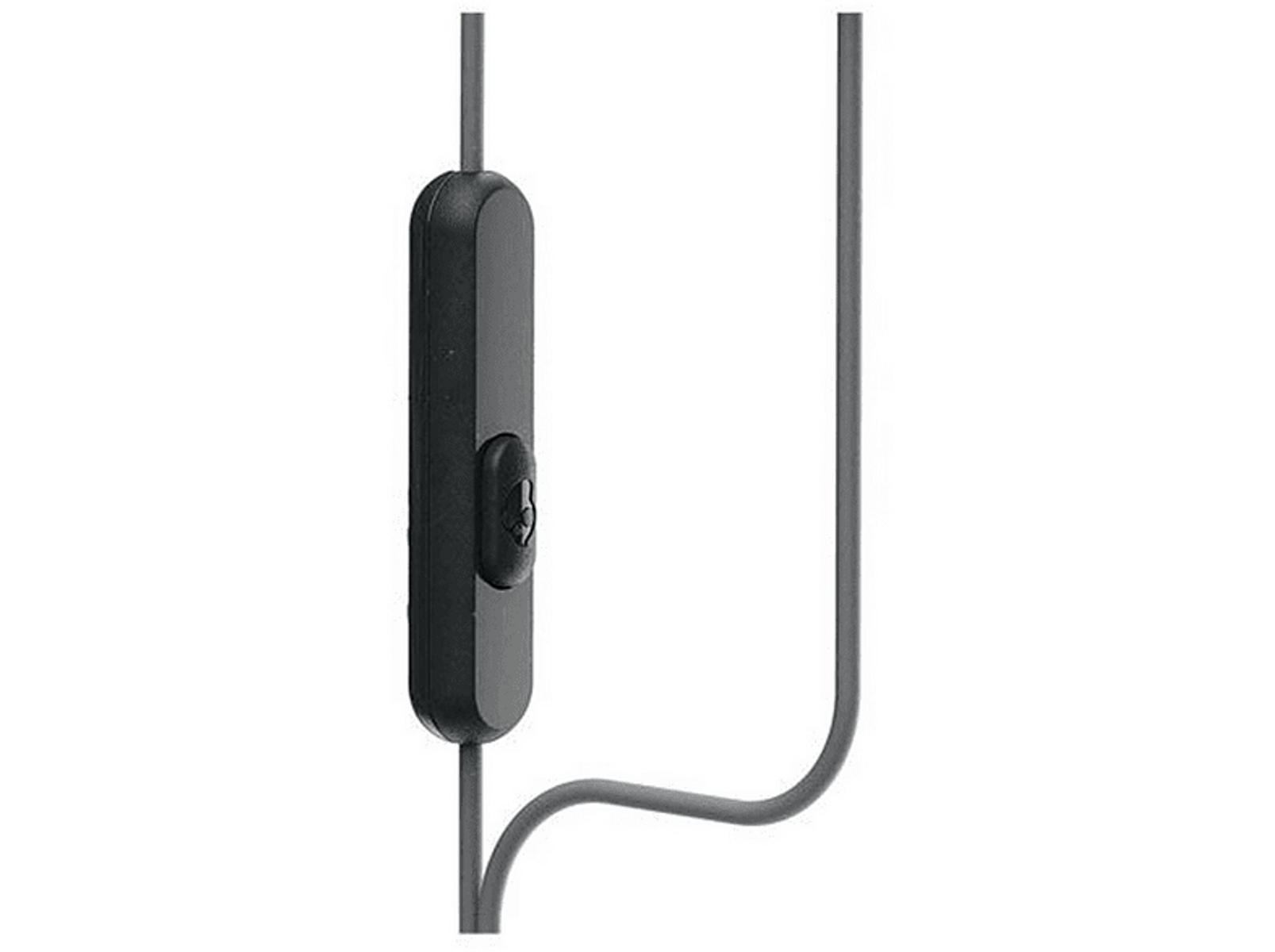 Schwarze Inline-Fernbedienung für Kopfhörer mit Knopf und grauem Kabel.