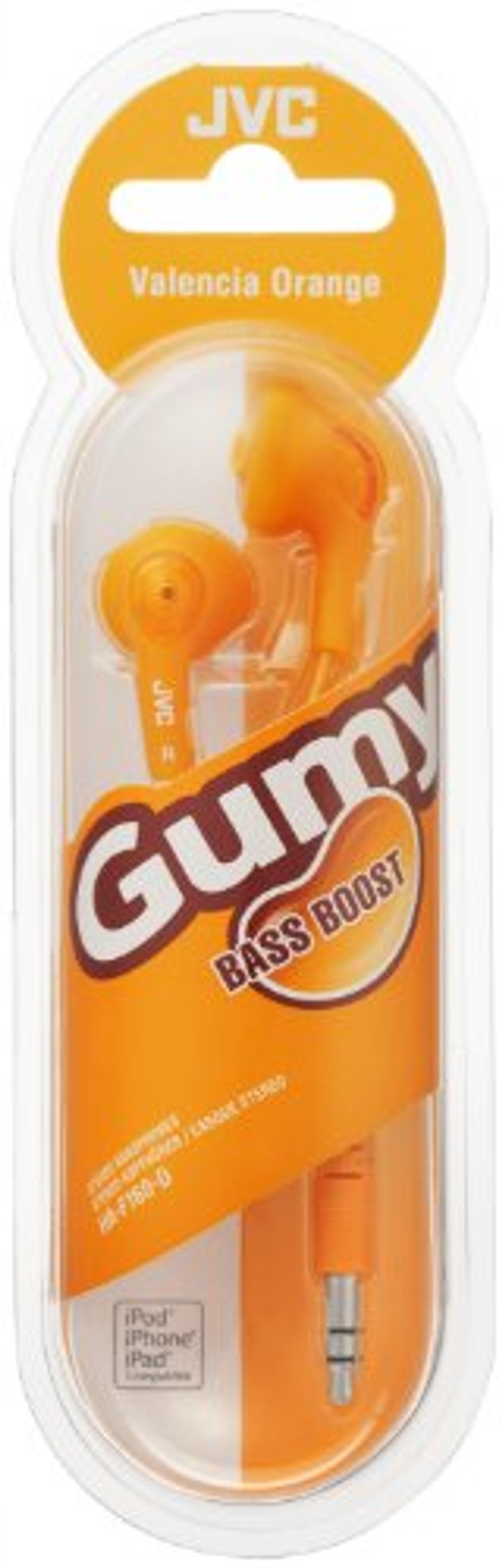 Pomarańczowe słuchawki w przezroczystym opakowaniu. Tekst: 'Gumy Bass Boost'. Białe tło.