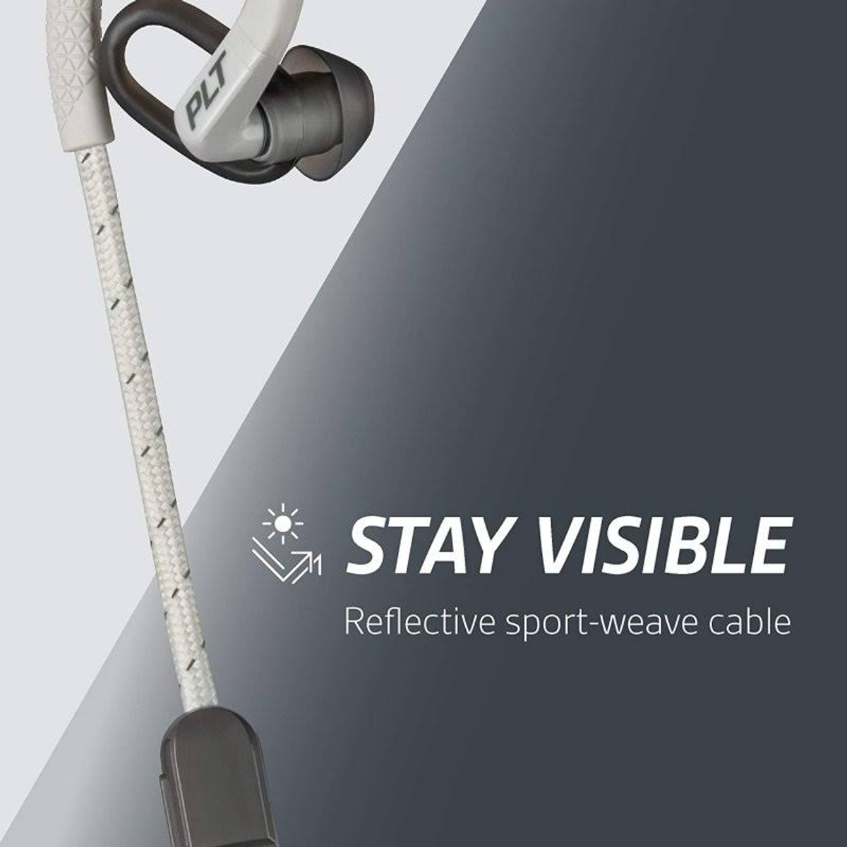 Słuchawki douszne z odblaskowym kablem. Białe i szare tło.