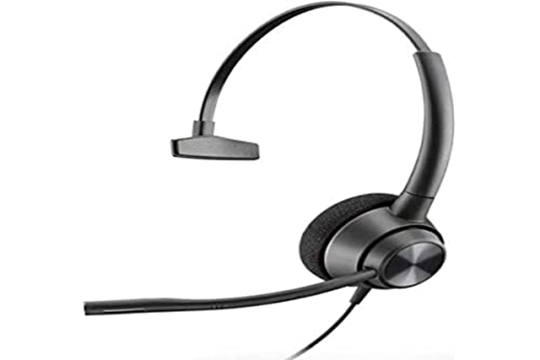 Zwarte headset met een microfoon. De headset staat op een witte achtergrond.